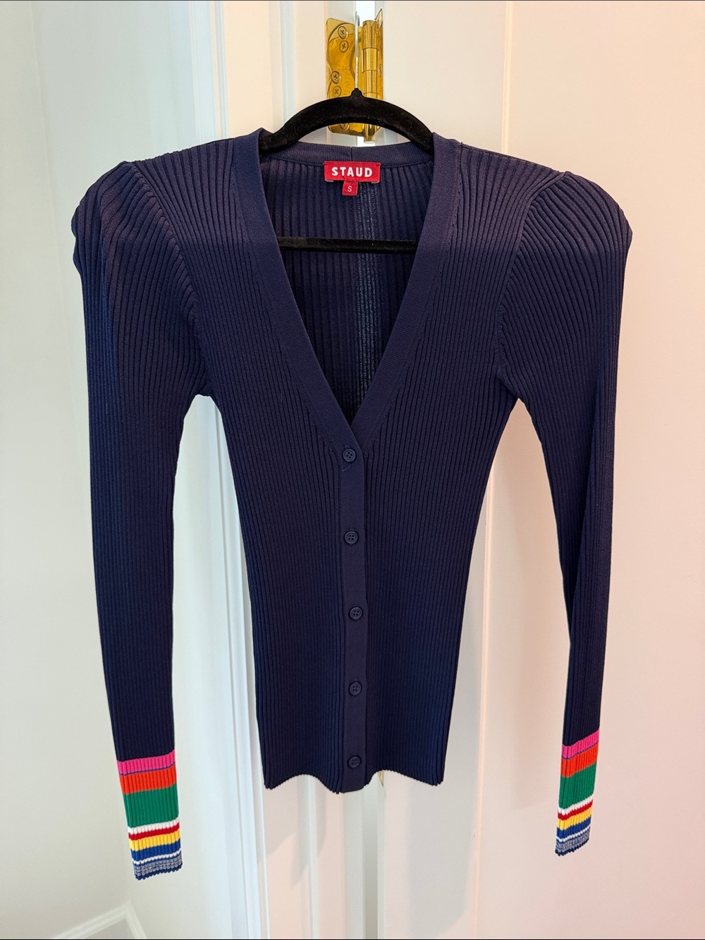 STAUD Navy Ribbed V-Neck Button Cardigan with Multicolor Stripe Cuffs